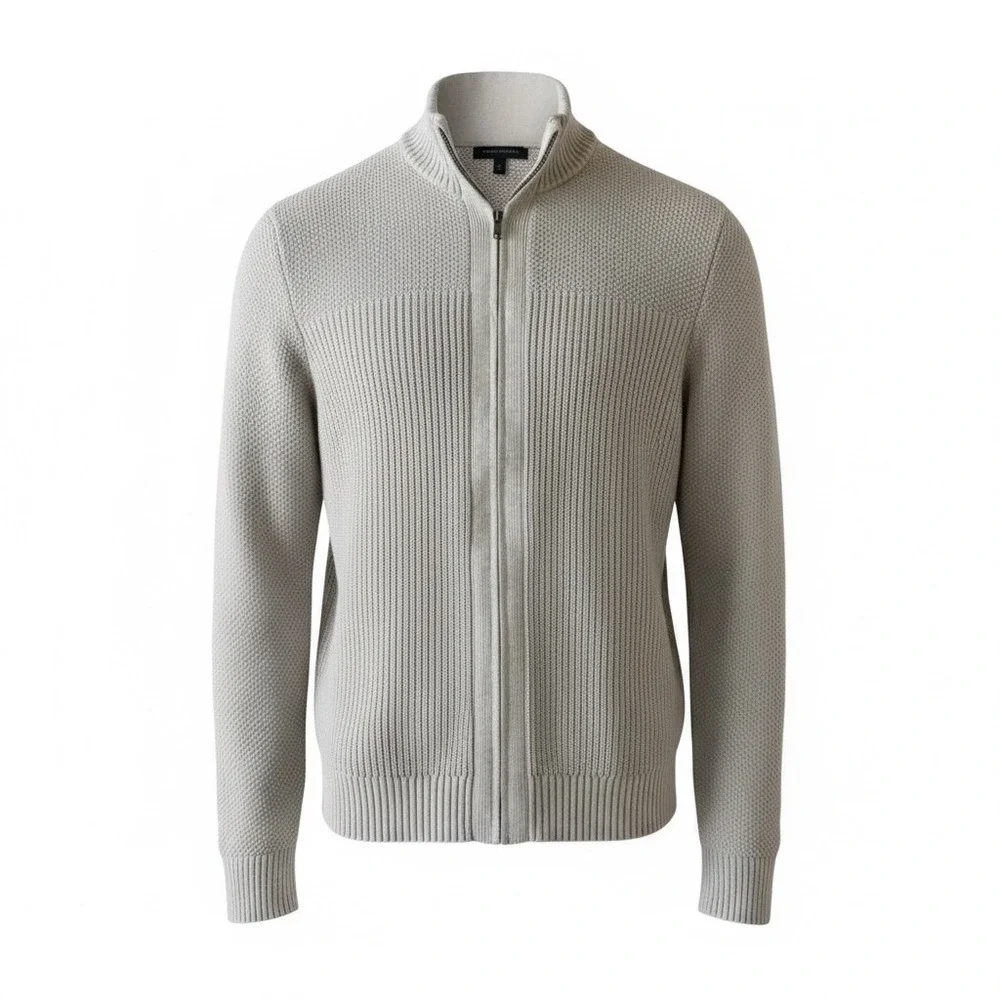 Banana Republic Mens Full Zip Cardigan Sweater Beige Ribbed Knit Mock Neck Large